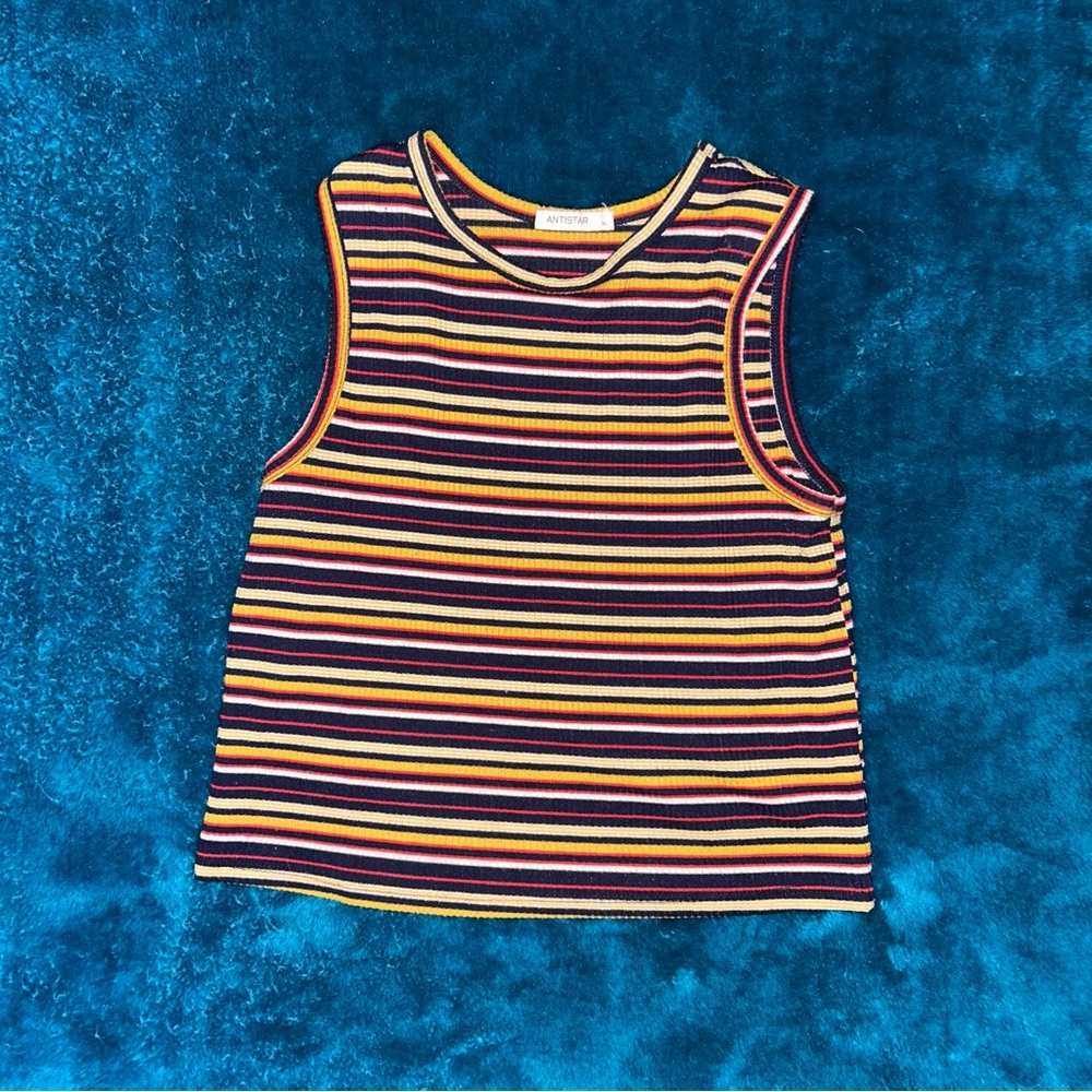 Ribbed mock neck tank top with stripes